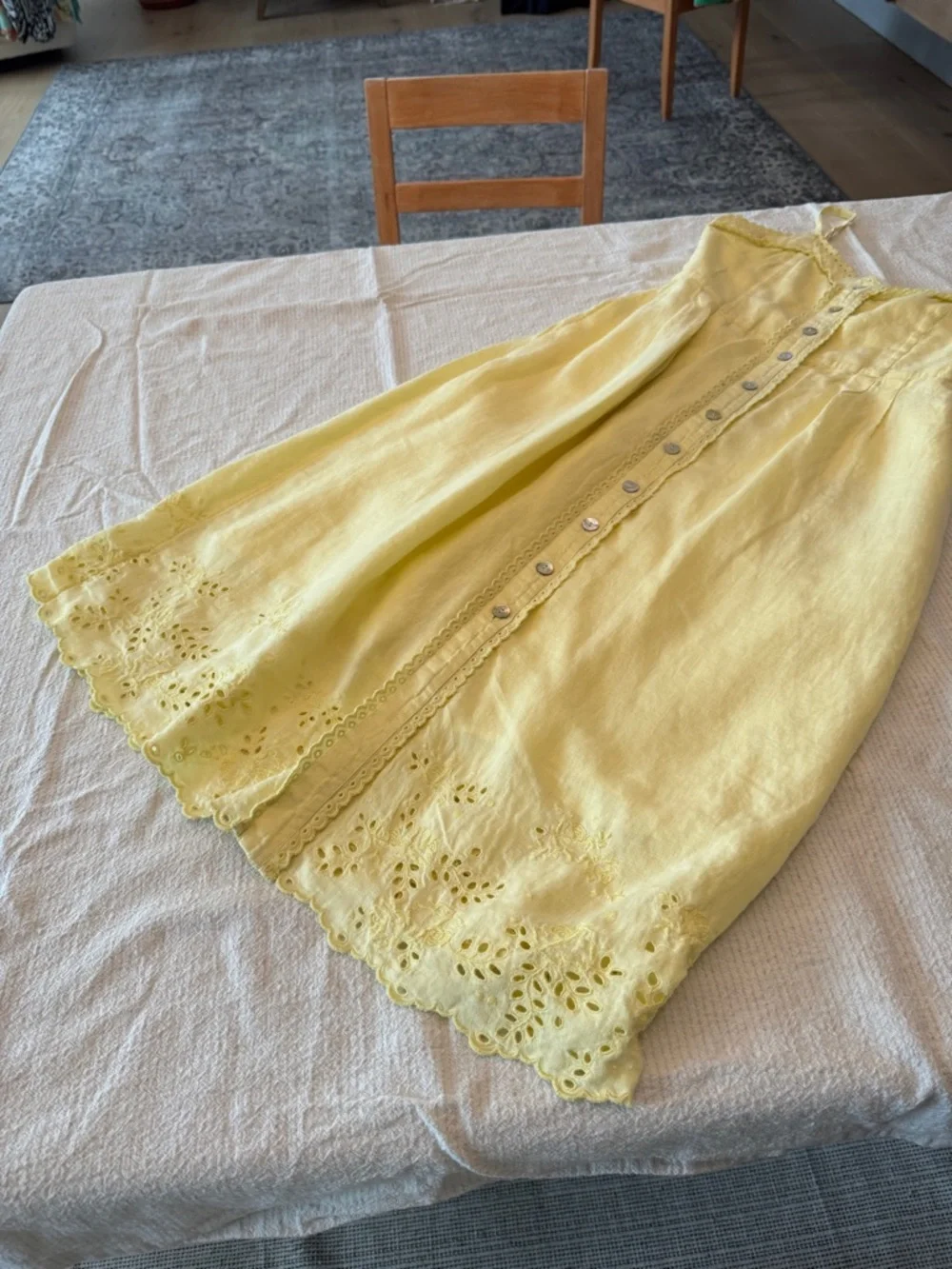 Wilfred 100% linen la boheme Yellow Eyelet Button-Front Midi Dress boho - Picture 8 of 17